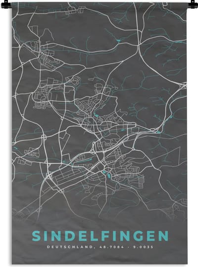 Wandkleed - Wanddoek - Duitsland – Blauw – Sindelfingen – Stadskaart – Kaart – Plattegrond - 120x180 cm - Wandtapijt