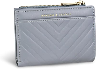 Andiker Slim Wallet voor dames, compacte damesportemonnee met V-vormig reliëf en ritsvak, zachte lederen portemonnee, grijs, 12.5*10*1.5 cm, Hedendaags