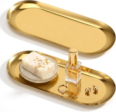 Decoratieve Tray Set van 2 - RVS Organizer voor Badkamer, Parfum en Kaarsen - Ovalen Gouden Schalen van 22cm