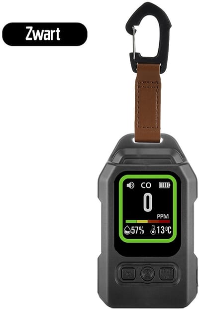 CO Detector – Draagbare Koolmonoxidemelder met Alarm – 3-in-1 Carbon Monoxide Detector, Temperatuur- en Luchtvochtigheidsmeter – COB-zaklamp, Magneet en Karabijnhaak – USB-C Oplaadbaar – Voor Bouw, Camping, Camper en Thuis – Zwart