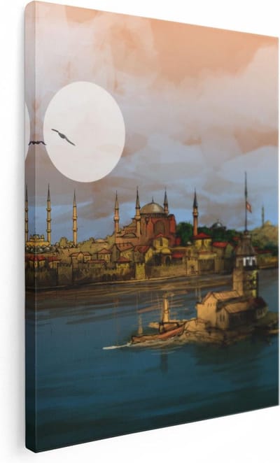 Artaza Canvas Schilderij Skyline - 30x40 cm - Klein - Wanddecoratie Zonsondergang - Muurdecoratie Istanbul - Kamer Accessoires Boot