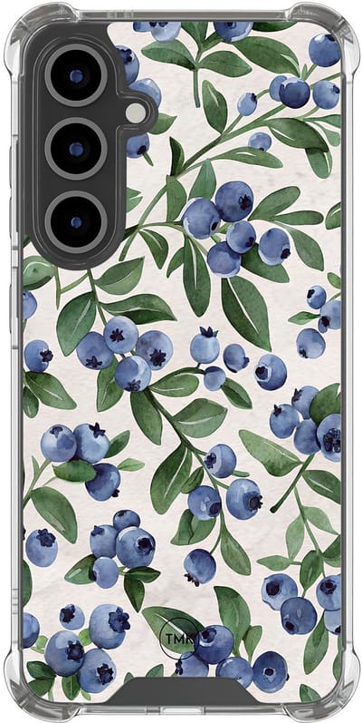 Shockproof hoesje geschikt voor Samsung Galaxy S24 FE - Blueberries - Schokbestendig - Verhoogde randen - TPU case - Extra Sterke Back Cover - Print - Transparant, Blauw