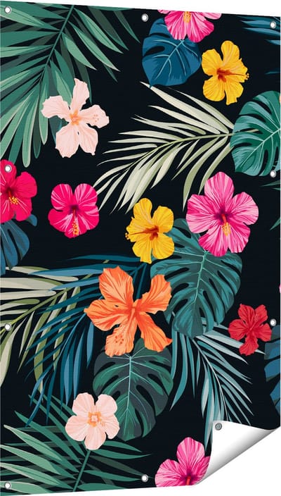 Gards Tuinposter Getekende Tropische Bloemen - Abstract - 80x120 cm - Tuindoek - Tuindecoratie - Wanddecoratie buiten - Tuinschilderij