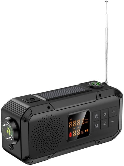 Denk Vooruit - Camp & Survive Solar BT PRO – Zwart - Solar & Hand-Crank Noodradio | NOAA/WB/AM/FM, Bluetooth 5.2, LED Lamp & 2000mAh Powerbank