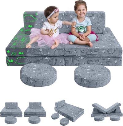 Kinder Speelbank - Modulaire Zetel - Creatief Spelen - 8 Delige Uitklapbare Set - 127 x 72 cm - Grijs Dinosaurus
