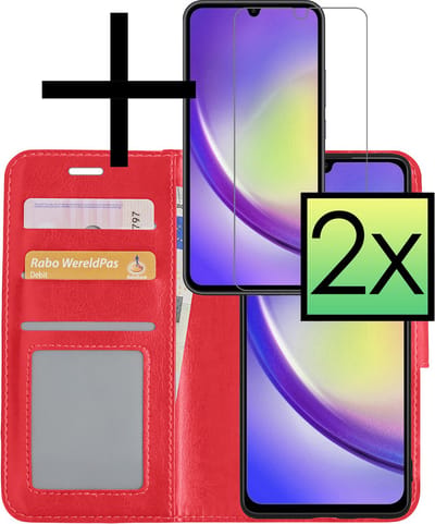 Hoesje - Met 2x Screenprotector - Geschikt voor Samsung Galaxy A34 - Luxe Pasjeshouder - Bookcase Portemonee - Flip Case - Kunstleer Book Case - Flipcase Hoes - Book Cover - Walletcase - Portemonneehoes - Rood