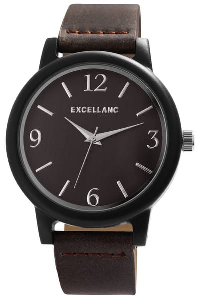 EXCELLANC -herenhorloge- houten horloge-zwart-donkerbruin-diameter 44 mm