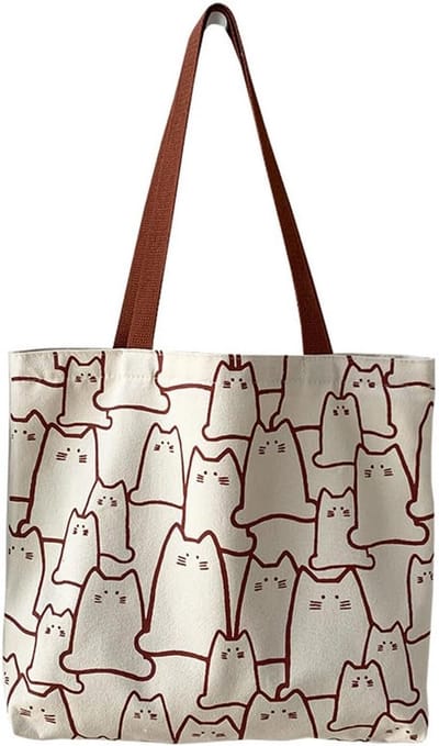 Kattenmotief Canvas Tote Bag – Grote capaciteit, herbruikbare boodschappentas met ritssluiting, lichtgewicht polyester strandtas voor winkelen en reizen, wit