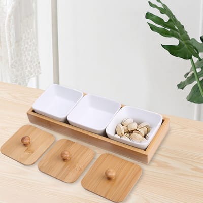 Keramisch Serveerbord voor Voorgerechten met Bamboe Dienbladdeksel voor Fruit Noten Desserts (3 Vakken) white