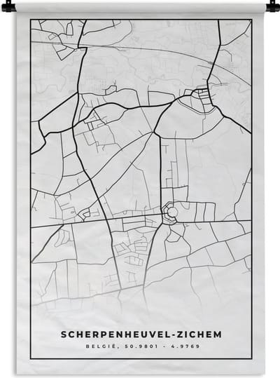 Wandkleed - Wanddoek - België – Scherpenheuvel Zichem – Stadskaart – Kaart – Zwart Wit – Plattegrond - 120x180 cm - Wandtapijt