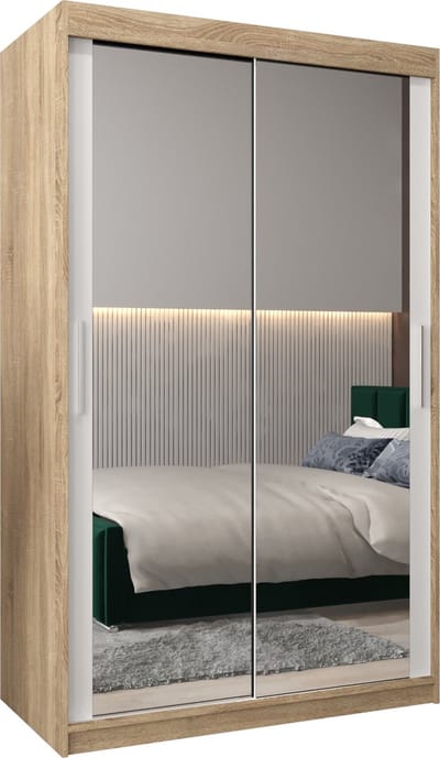 InspireMe - Kledingkast met 2 schuifdeuren, Modern-stijl, Kledingkast met planken (BxHxD): 120x200x62 - TORM III 120 Sonoma Eik + Wit Mat