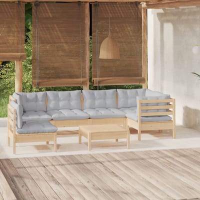 vidaXL - 7-delige - Loungeset - met - grijze - kussens - grenenhout