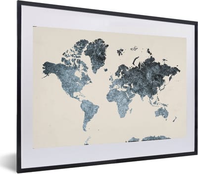 Poster in lijst - Fotolijst 60x40 cm - Posters - Wereldkaart - Zwart - Zilver - Posterlijst zwart - Decoratie - Wanddecoratie woonkamer - Muurdecoratie slaapkamer
