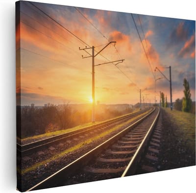 Artaza Canvas Schilderij Zonsondergang Treinspoor - 40x30 cm - Klein - Wanddecoratie Landschap - Muurdecoratie Natuur - Kamer Accessoires Woonkamer