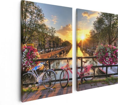 Artaza Canvas Schilderij Tweeluik Amsterdamse Brug Met Zonsopgang - 80x60 cm - Wanddecoratie Woonkamer - Schilderijen - Muurdecoratie