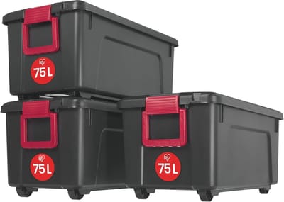 Set van 3 Mobiele Opbergdozen met Wielen en Handvat - 75 L - Perfect voor Garage en Tuin