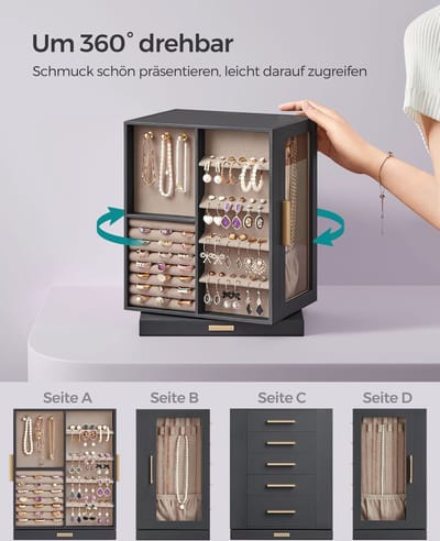 Sieradendoos – Draaibaar 360° – Ruim – Cadeau-idee – Leigrijs
