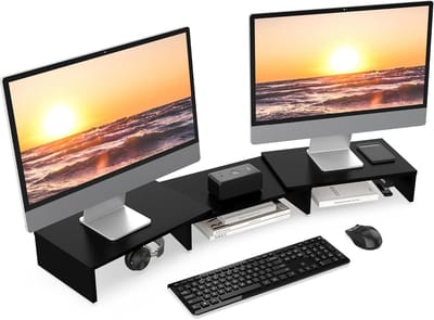 Famanu – Houten Monitorstandaard Draaibare PC Laptop Computerscherm Verhoger,Lengte Verstelbaar Monitor Printer Verhoger 92,5-108x23,5x10,2cm - Maximale Belasting: 25kg Zwart