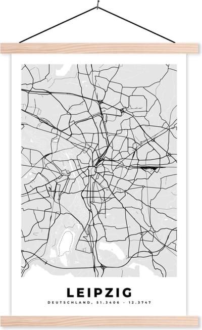Posterhanger incl. Poster 40x60 cm - Schoolplaat - Leipzig - Stadskaart - Plattegrond - Duitsland - Kaart - Textielposter - Blanke latten - Stadskaart