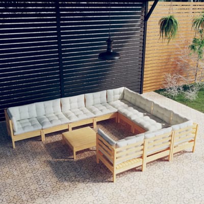 vidaXL - 11-delige - Loungeset - met - crèmekleurige - kussens - grenenhout