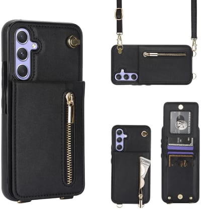 Multimedia & Accessoires Stijlvolle Leren Fashion Backcover Case Hoesje met Koord, Stand Ritsvak en Pasjeshouders geschikt voor Samsung Galaxy A36 5G - Zwart