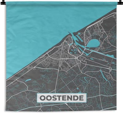 Wandkleed - Wanddoek - Stadskaart – Grijs - Kaart – Oostende – België – Plattegrond - 180x180 cm - Wandtapijt