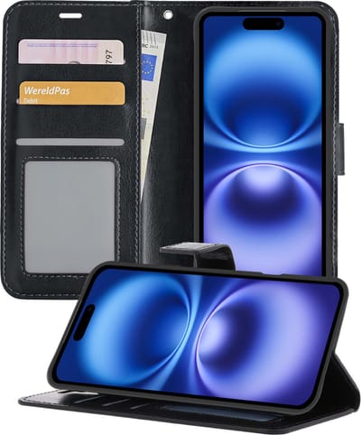 Hoesje - Geschikt voor Apple iPhone 16 - Luxe Bookcase - Walletcase Hoes - Portemonnee - Cover - Telefoonhoes - Zwart