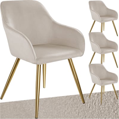 tectake® Eetkamerstoel Marilyn - Set van 4 - Met Armleuningen - Elegante Stoel met Gevoerde Zitting in Fluweellook - Gestoffeerd - Gouden metalen poten - Ergonomische Keukenstoel - Stoel voor Woonkamer, Eetkamer en Slaapkamer - Taupe
