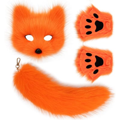 Fluffy Fur Fox Tail Sleutelhanger Kattenpoten Handschoenen En Wolf Therian Masker Set Voor Halloween Cosplay Kostuum Accessoires one size