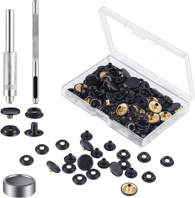 Set van 18 drukknopen met kliksluitgereedschap voor tassen, kleding en lederhandwerk (15 mm, zwart) - Ideaal voor naaien en DIY-projecten