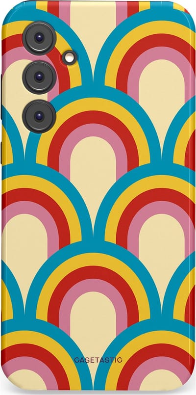 Casetastic hoesje geschikt voor Samsung Galaxy A35 - Dubbellaagse bescherming - Retro regenboog - Fashion Case - Lichtblauw Crème Goud Rood