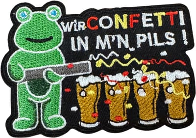 Strijkembleem/applicatie, 'Wir confetti in m'n pils"