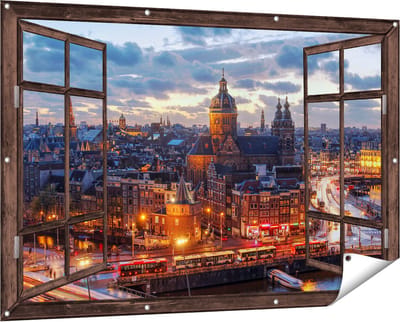 Gards Tuinposter Doorkijk Amsterdam Centrum Luchtfoto Zonsondergang - 150x100 cm - Tuindoek - Tuindecoratie - Wanddecoratie buiten - Tuinschilderij