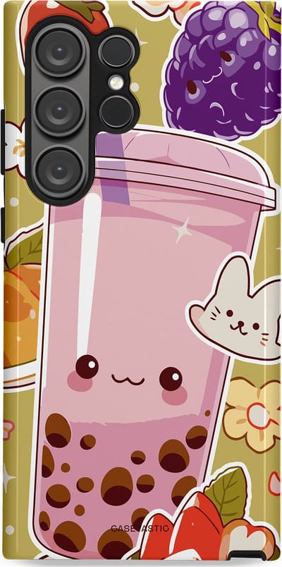 Casetastic Hoesje Geschikt voor Samsung S23 Ultra - Stijlvolle Beschermende Duo-layer Case - Roze Rode Kawaii Bubbletea Korea