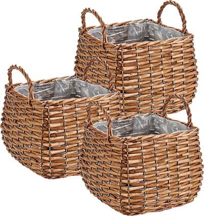 Set van 3x stuks plantenbak manden gevlochten riet met binnenmand 23 x 23 x 15 cm - Voor binnen/buiten