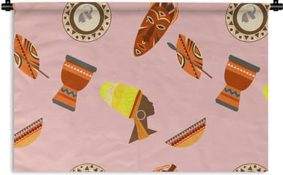 Wandkleed - Wanddoek - Afrika - Djembé - Patronen - Afrikaanse maskers - 90x60 cm - Wandtapijt