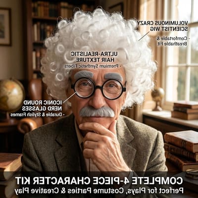 Kostuumset voor een Mad Scientist met pruik, baard, wenkbrauwen en bril voor Halloween en feesten, realistische uitstraling en veel plezier