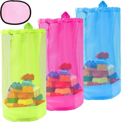 Set van 4 Mesh Strandtassen met Trekkoord, Inclusief 3 Zand Speelgoed Tassen en 1 Zand Wrijf Handschoen voor een Perfecte Strandvakantie in Felroze, Blauw en Fluorescerend Groen
