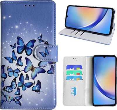 Hoesje geschikt voor Samsung Galaxy A34 Bookcase met Blauw vlinder print