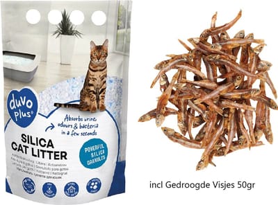 kattenbakvulling - premium Silica - 1 x 5 Liter - Superieure vochtopname - Stofvrij - 100% Natuurlijk - Biologisch afbreekbaar incl Gedroogde Visjes 50gr