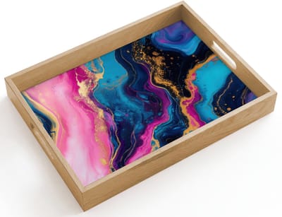 Dienblad hout 40x30 cm - Schootdienblad - Marmer - Modern - Goud - Borrelplank rechthoek - Plateau dienbladen