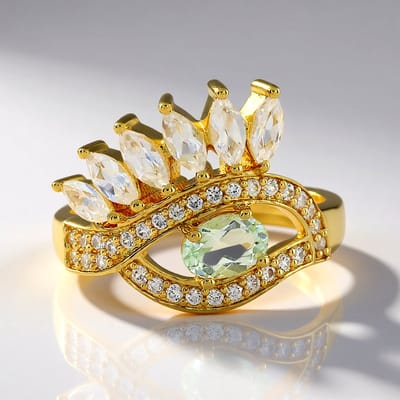 Cavill - Zilveren Ring 925 Verguld - Groene Amethist 0,418 ct Ovaal & Zirkonia Marquise & Rond 1,84 ct - Elegante Damesring