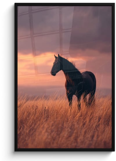 Poster in lijst - Fotolijst 80x120 cm - Posters - Paard - Wolken - Open veld - Posterlijst zwart - Decoratie - Wanddecoratie woonkamer - Muurdecoratie slaapkamer