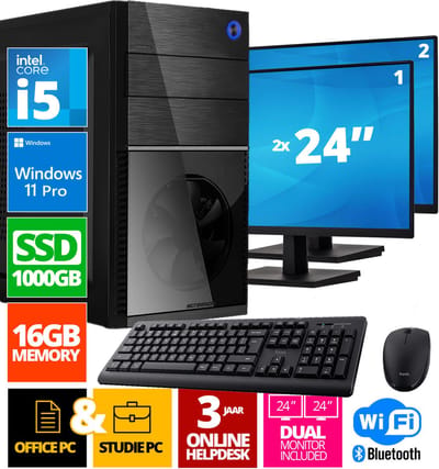 Intel Compleet PC + 2 x 24" Monitor + Muis & Toetsenbord | Intel Core i5 | 16 GB DDR4 | 1 TB SSD - NVMe | RTX 3050 | Windows 11 Pro + WiFi & Bluetooth