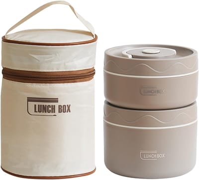VHV-2-Laags RVS Lunchbox Vacuüm Geïsoleerd - Lekvrije Voedselcontainer met Lunchtas - 1040ml Roestvrijstalen Lunchtrommel voor Kantoor en Picknick - Duurzame Bento Box voor Warme Maaltijden - Grijs