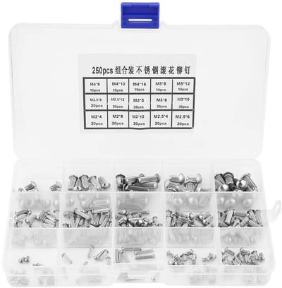 Dailygoods- Klinknagels 250 stuks - Roestvrij Staal - Holnieten - Assortiment M2-M5 - Ronde Kop - Gekartelde Schacht - Popnagels