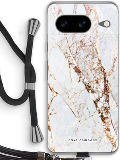 Case Company® - Hoesje met koord geschikt voor Google Pixel 8 hoesje met Koord - Goud marmer - Telefoonhoesje met Zwart Koord - Bescherming aan alle Kanten en Over de Schermrand
