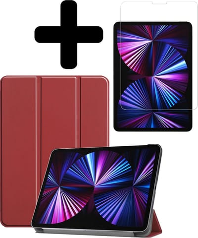 Hoesje - Geschikt voor Apple iPad Pro (2021) - 11 inch - 3e generatie - Met Screenprotector - Hardcover Book Case - Trifold Bookcase Hoes - Hard Cover - Tablethoes - Donkerrood