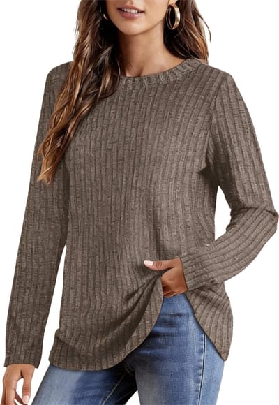 Ribstof Relax Fit T-shirt - Lange Mouwen - Dames - Grijs - Gebreide