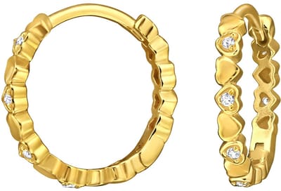 Joy|S - Zilveren oorringen met hartjes - 14 mm / 2 mm - zirkonia setting - klap scharnier sluiting - sterling zilver 925 - goldplated - hartje oorbellen - t50